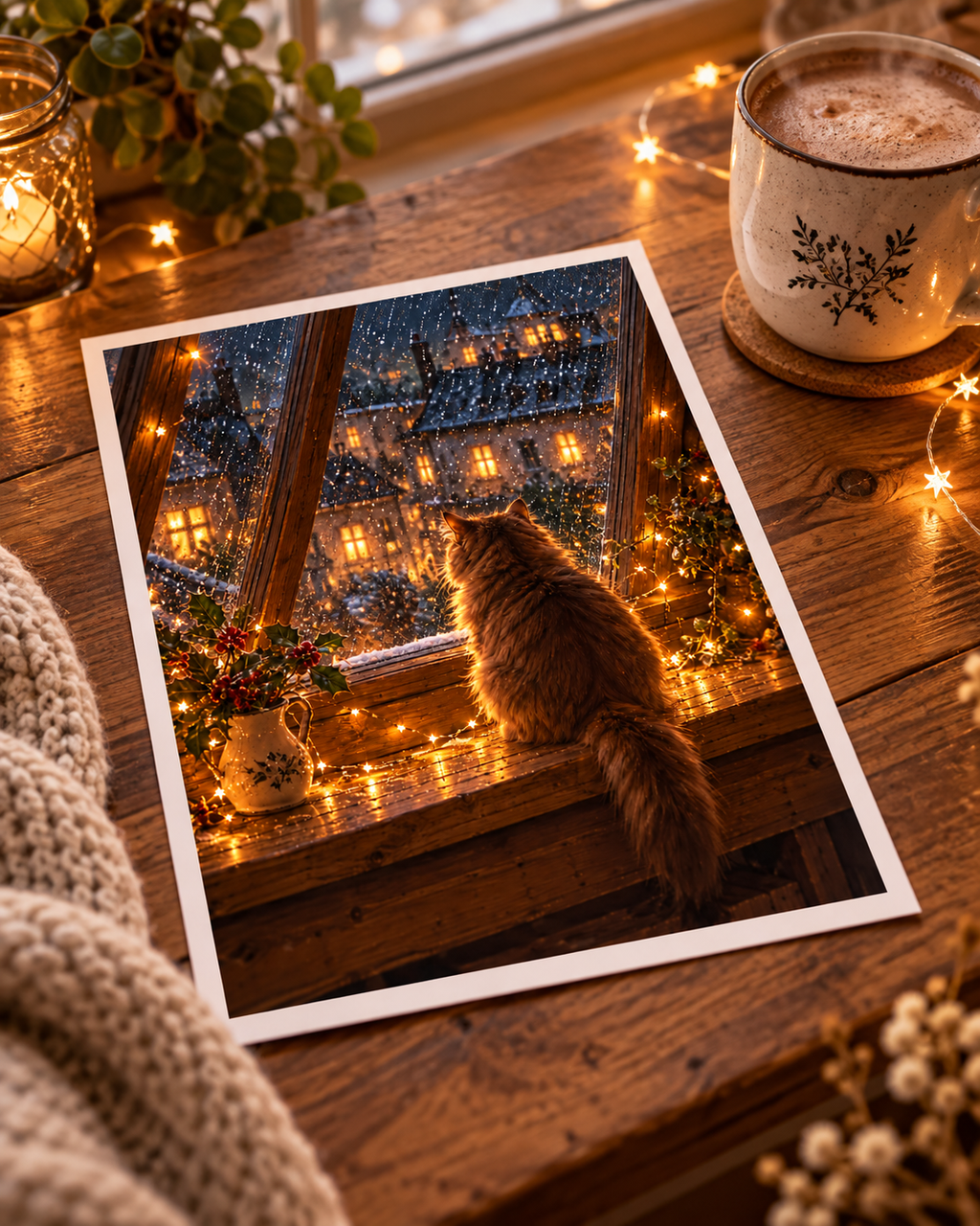 Cosy Winter Cat A4 Art Print – Snowy Window Christmas Wall Decor