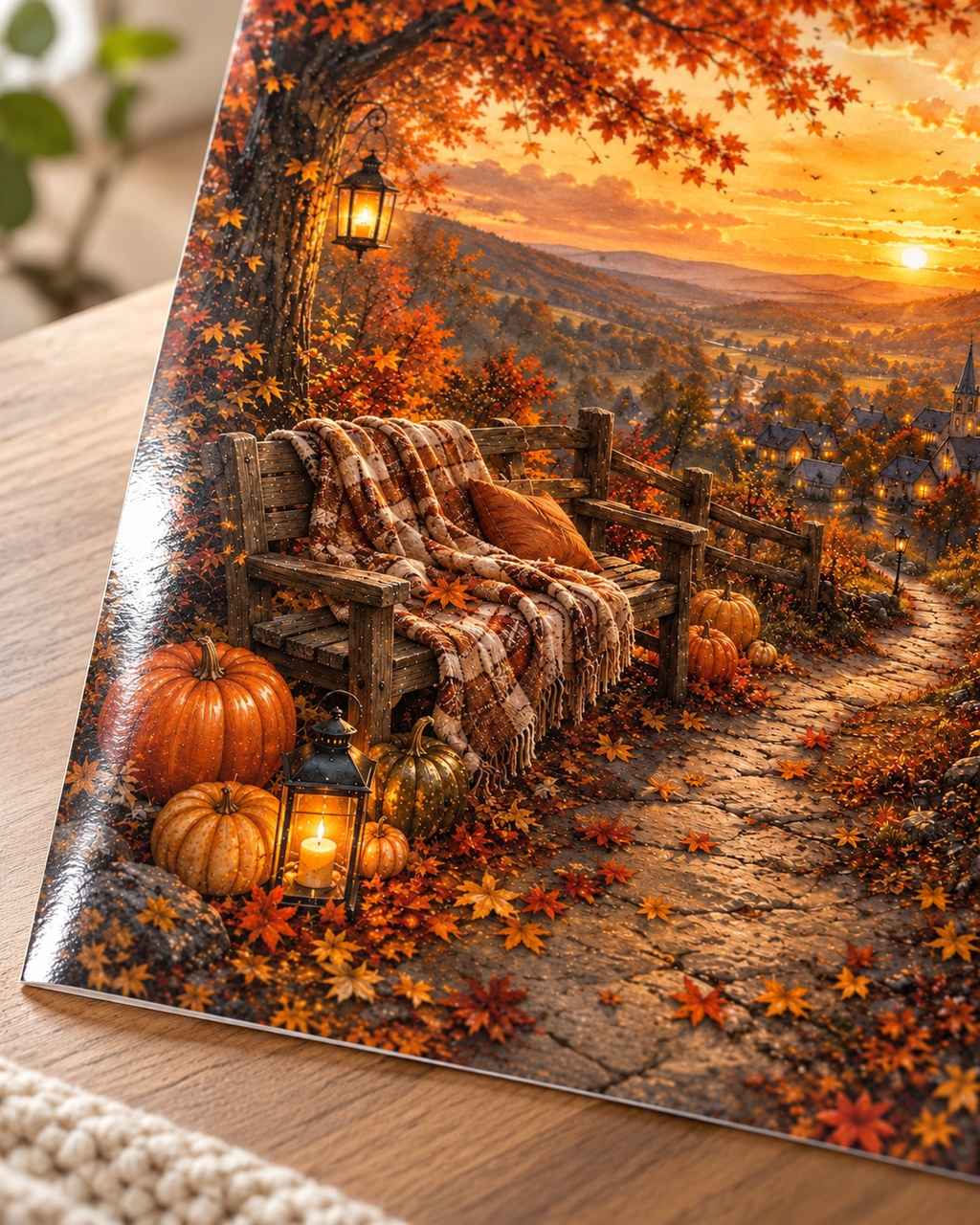 Autumn Village Sunset Art Print – Cosy Pumpkin & Lantern Wall Art