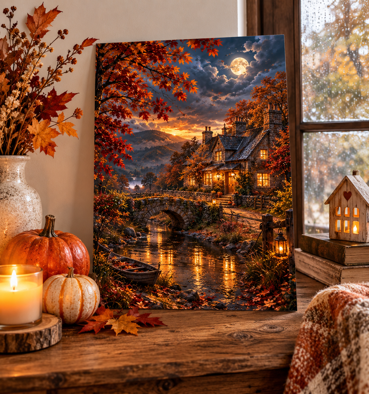 Autumn Cottage A4 Art Print – Moonlit Country Lane & Falling Leaves Wall Decor