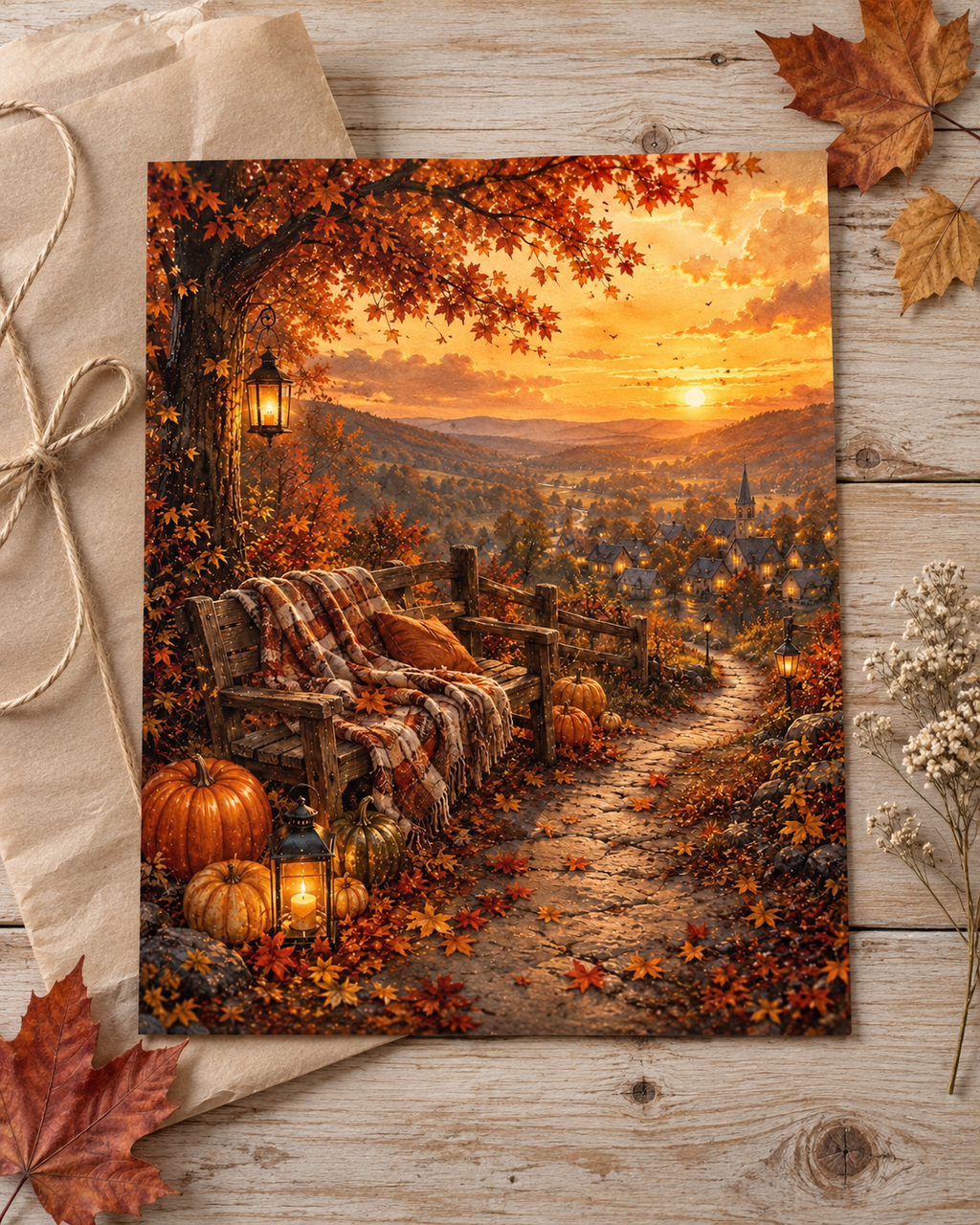 Autumn Village Sunset Art Print – Cosy Pumpkin & Lantern Wall Art