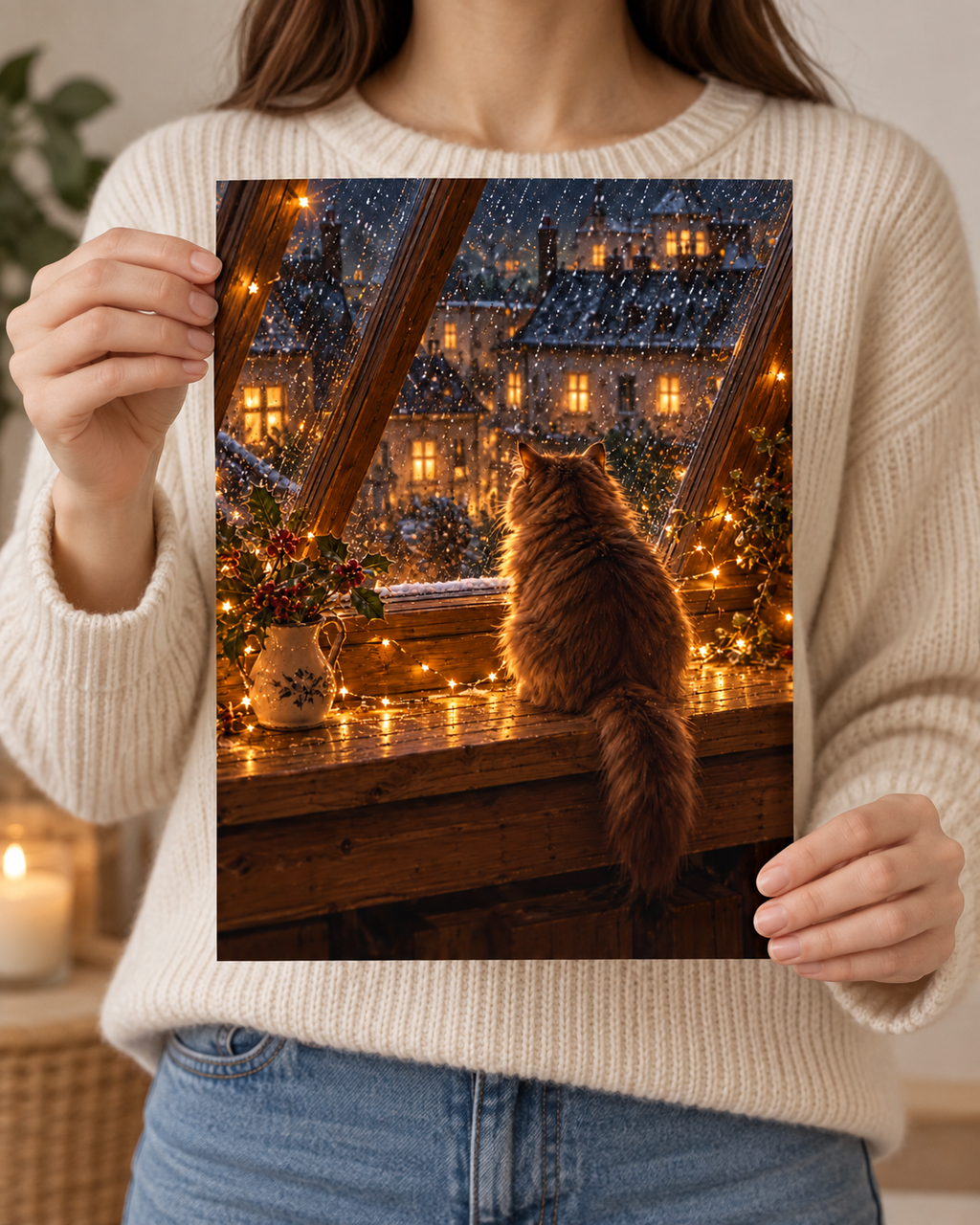 Cosy Winter Cat A4 Art Print – Snowy Window Christmas Wall Decor