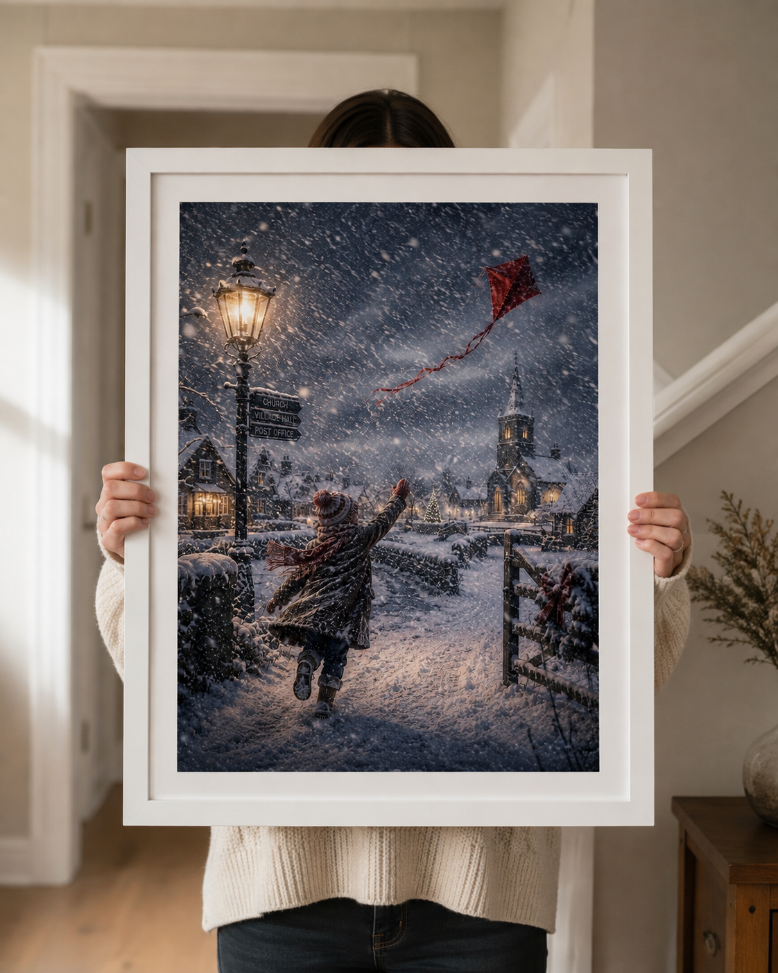 Winter Village Red Kite A4 Art Print – Snowy Christmas Scene