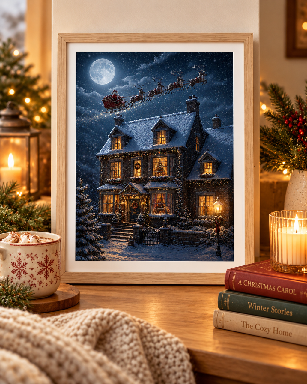 Santa Flying Over Snowy Christmas Cottage A4 Print – Cosy Winter Wall Art