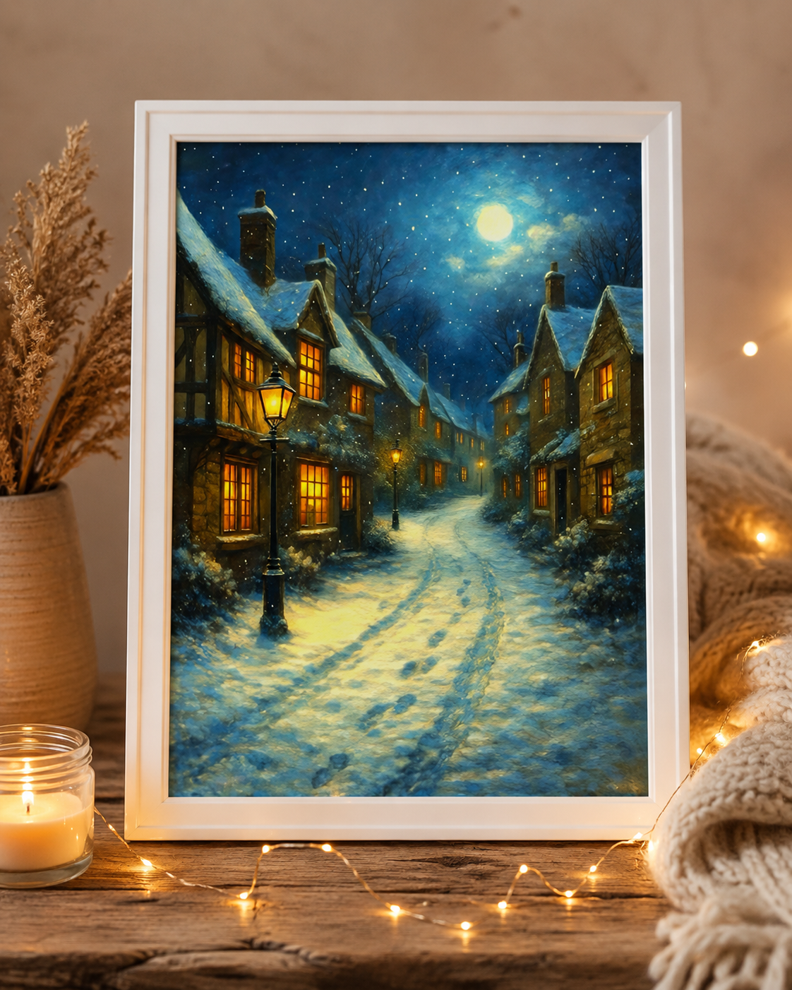 Cosy Snowy Village Art Print, Winter Night Wall Art, Rustic Cottage Christmas Decor