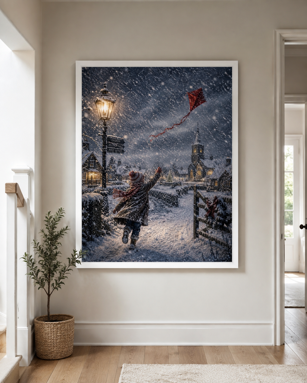 Winter Village Red Kite A4 Art Print – Snowy Christmas Scene