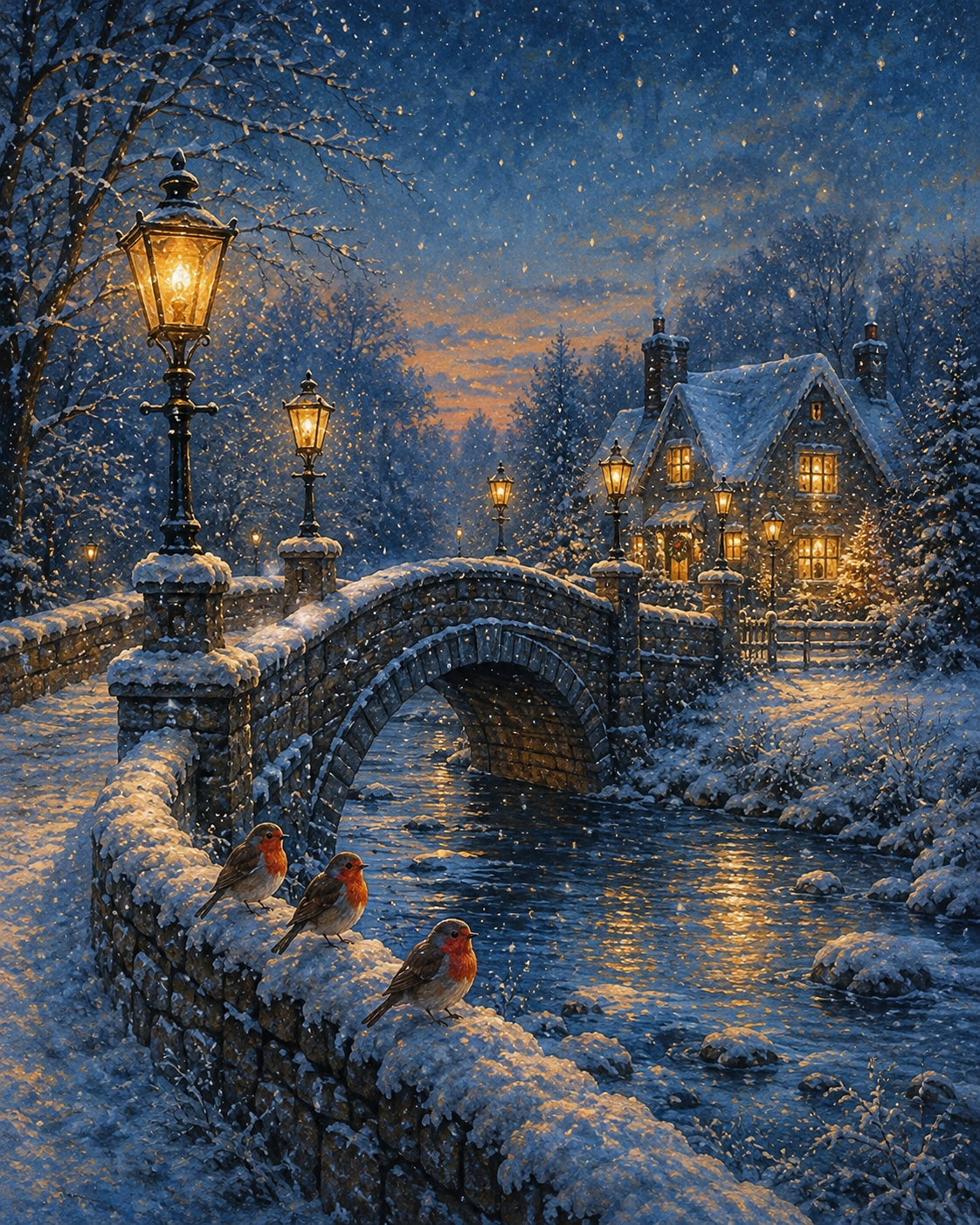 Snowy Winter Bridge & Robins Art Print – Cosy Winter Village Wall Ar