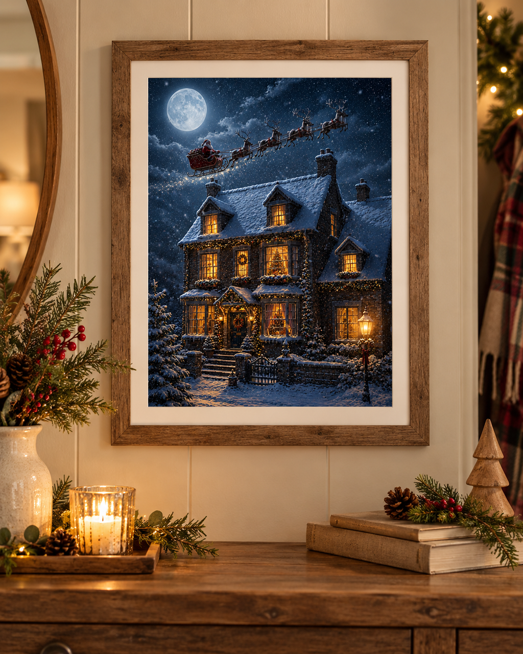 Santa Flying Over Snowy Christmas Cottage A4 Print – Cosy Winter Wall Art