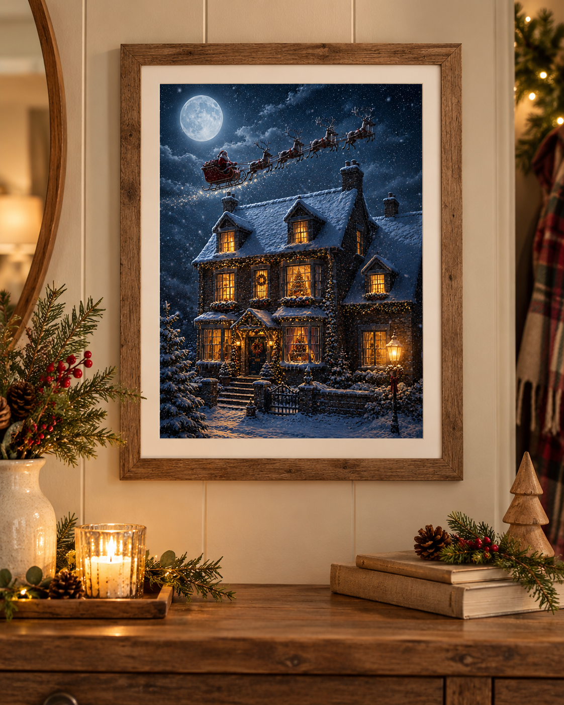 Santa Flying Over Snowy Christmas Cottage A4 Print – Cosy Winter Wall Art