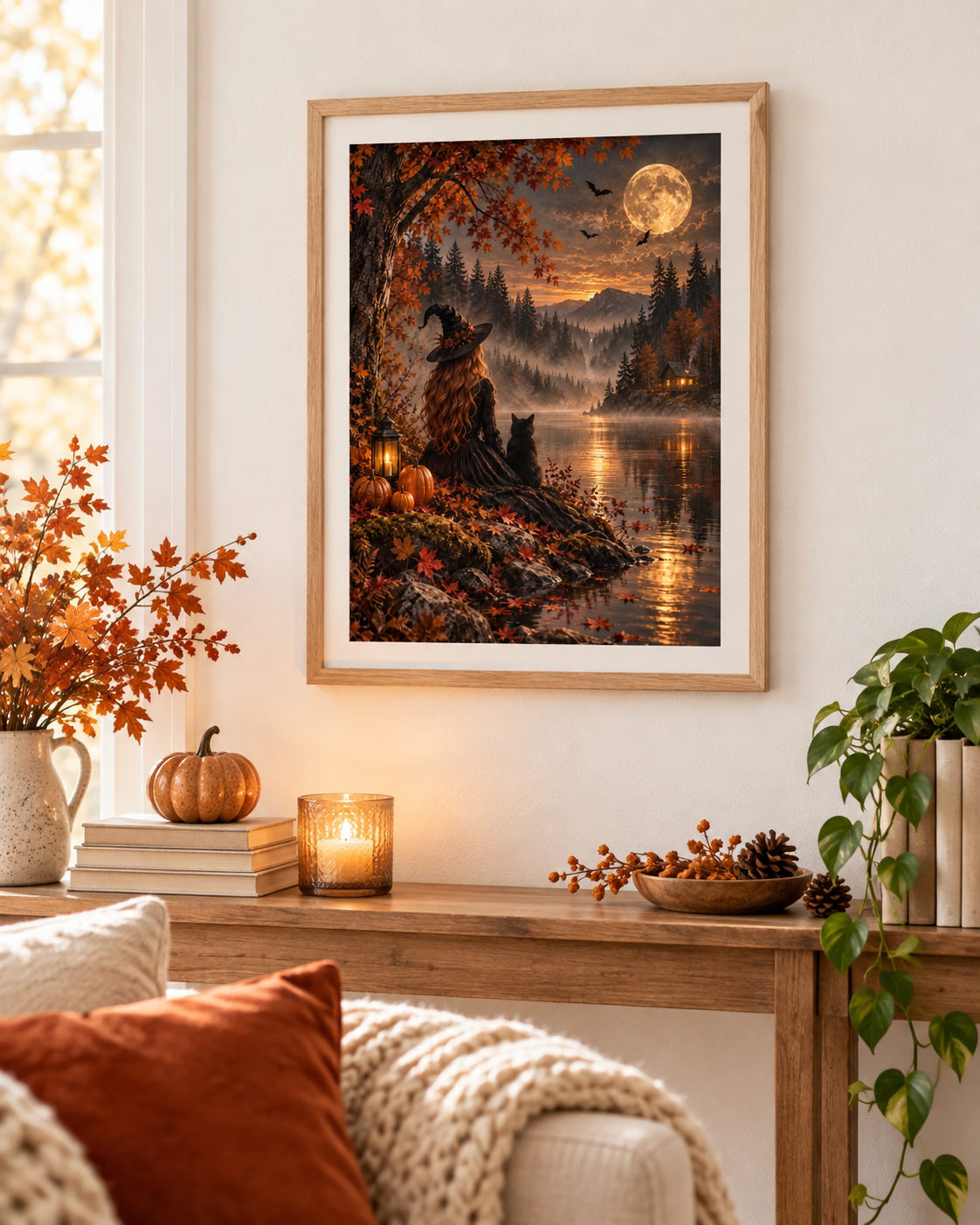 Autumn Witch & Black Cat A4 Art Print – Full Moon Lake Halloween Wall Decor