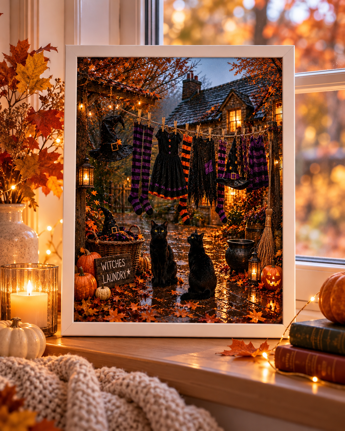 Witches Laundry Halloween A4 Print – Black Cats, Pumpkins & Witchy Autumn Wall Art