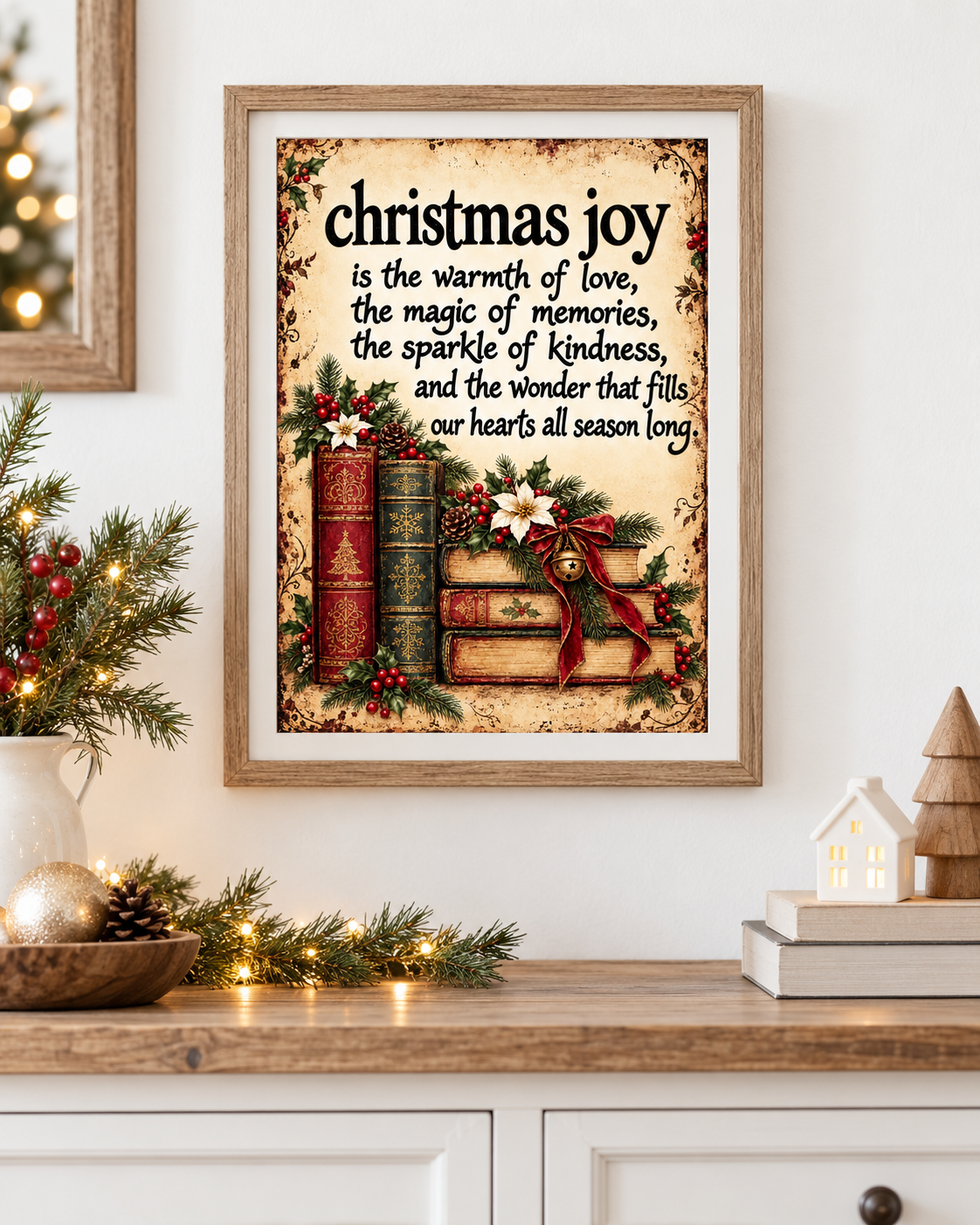 Christmas Joy Vintage Book & Holly A4 Art Print – Festive Christmas Quote Wall Decor