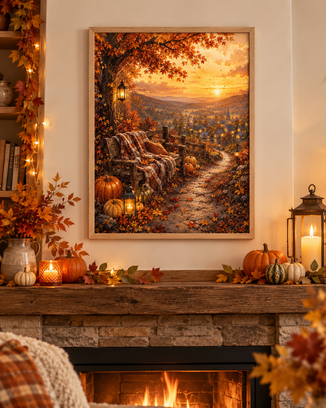 Autumn Village Sunset Art Print – Cosy Pumpkin & Lantern Wall Art