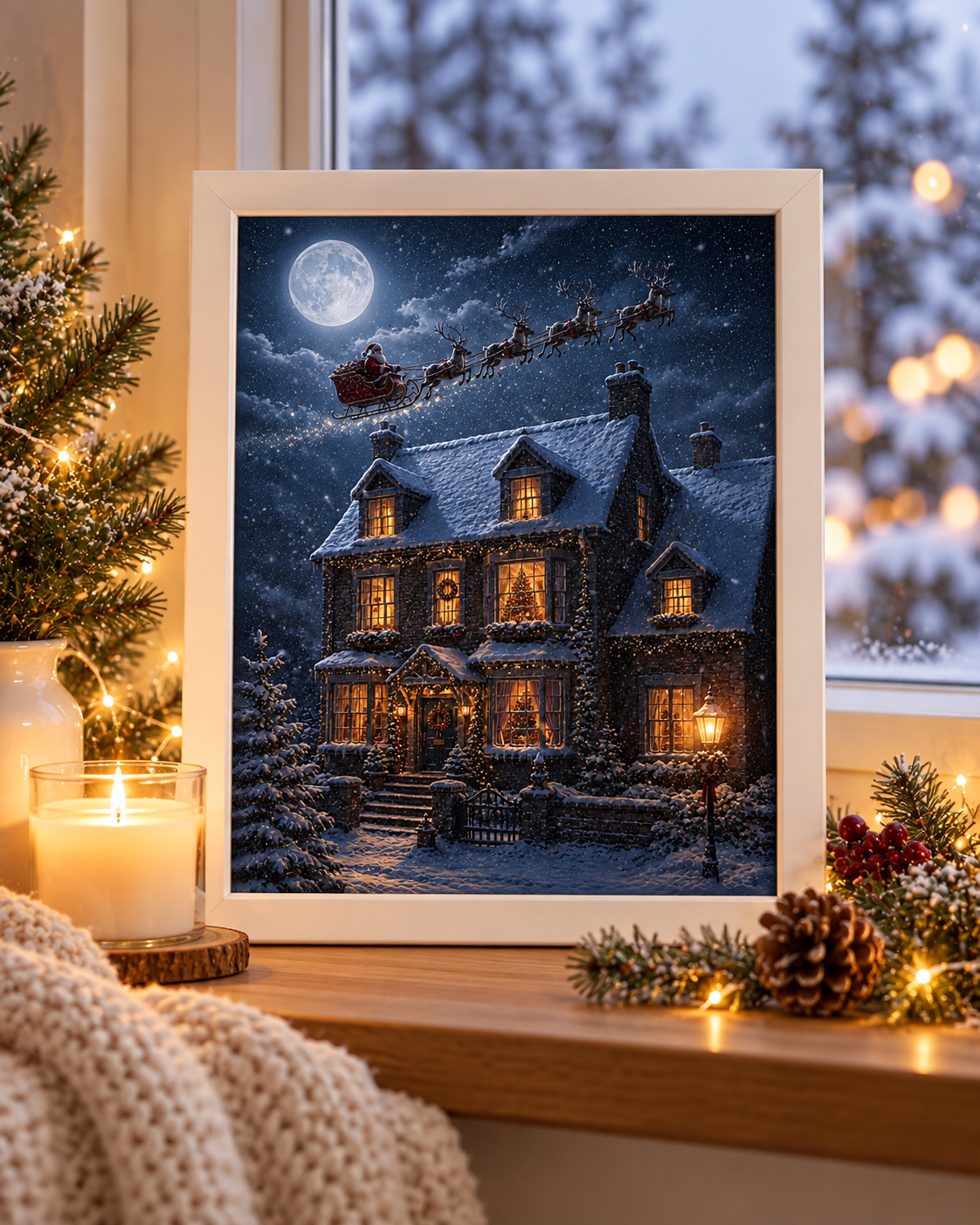 Santa Flying Over Snowy Christmas Cottage A4 Print – Cosy Winter Wall Art