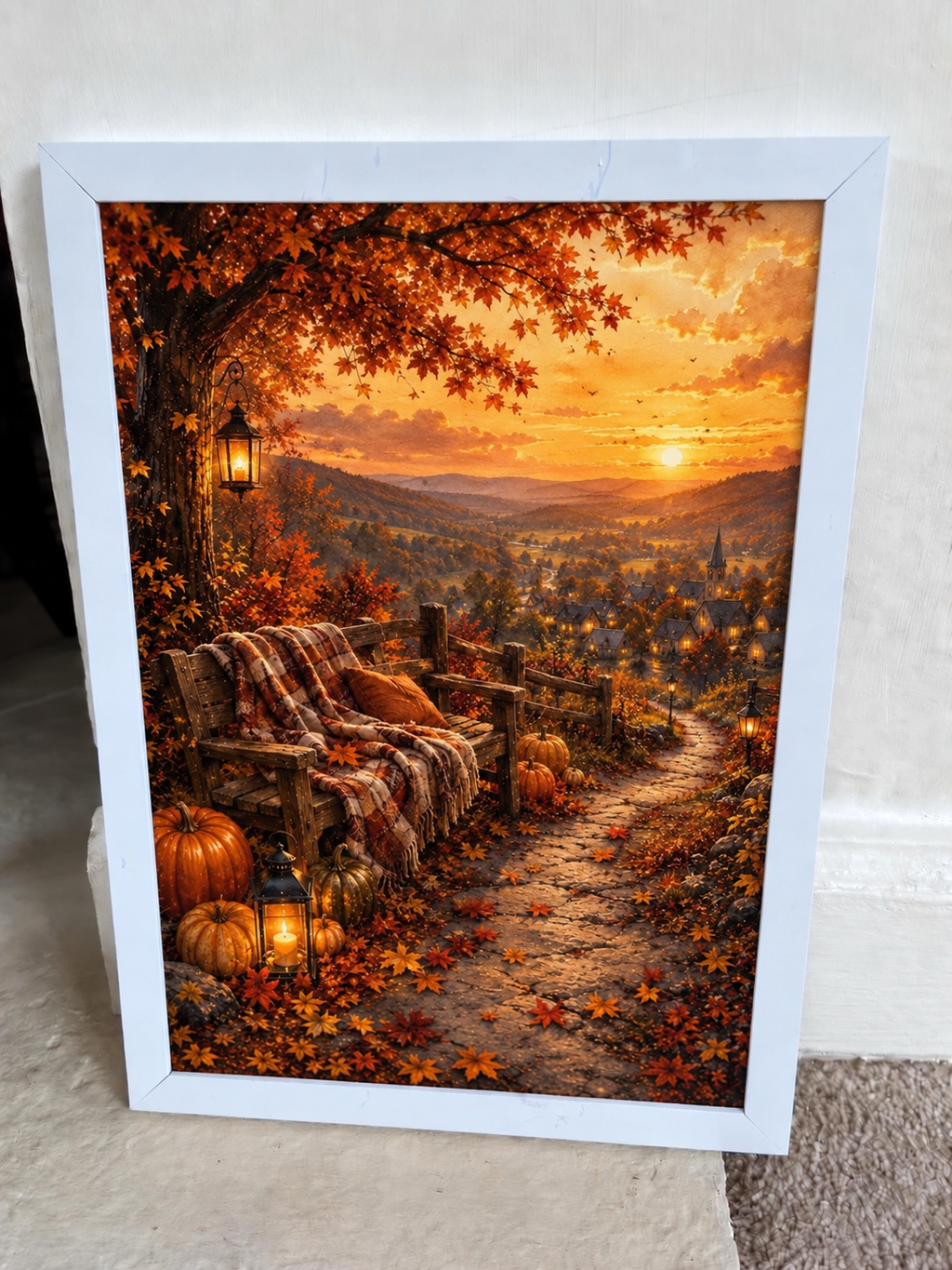 Autumn Village Sunset Art Print – Cosy Pumpkin & Lantern Wall Art