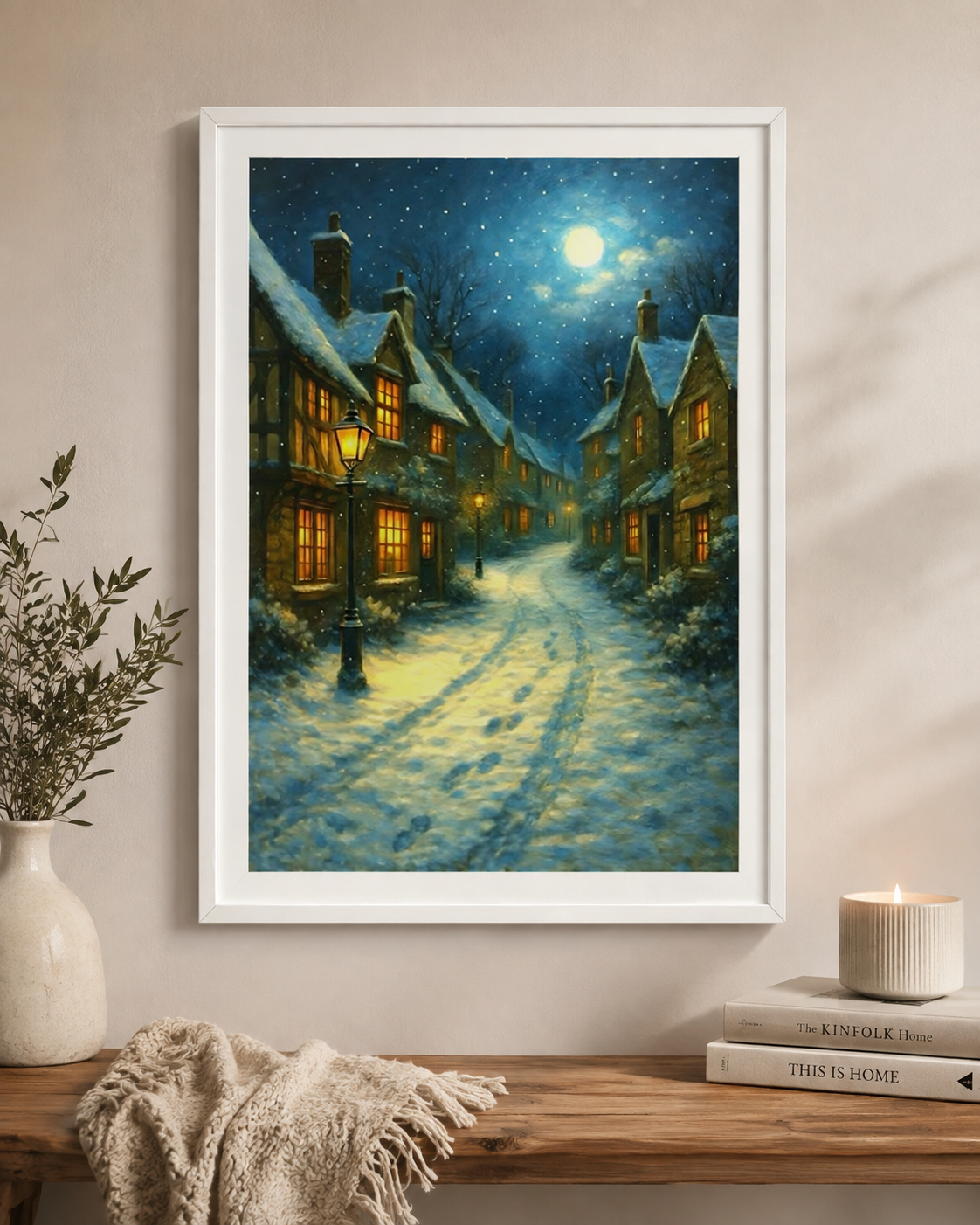 Cosy Snowy Village Art Print, Winter Night Wall Art, Rustic Cottage Christmas Decor