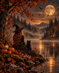 Autumn Witch & Black Cat A4 Art Print – Full Moon Lake Halloween Wall Decor
