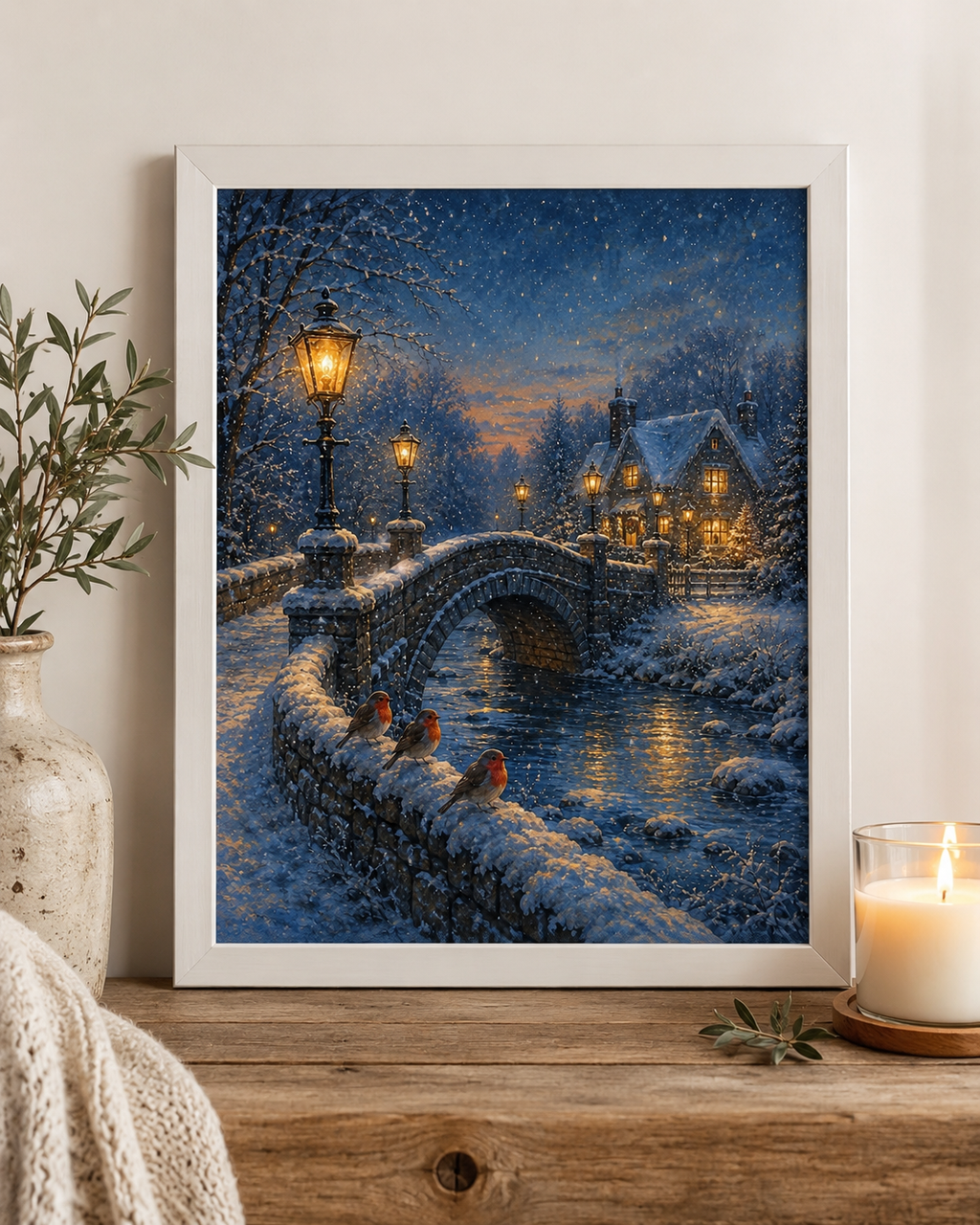 Snowy Winter Bridge & Robins Art Print – Cosy Winter Village Wall Ar