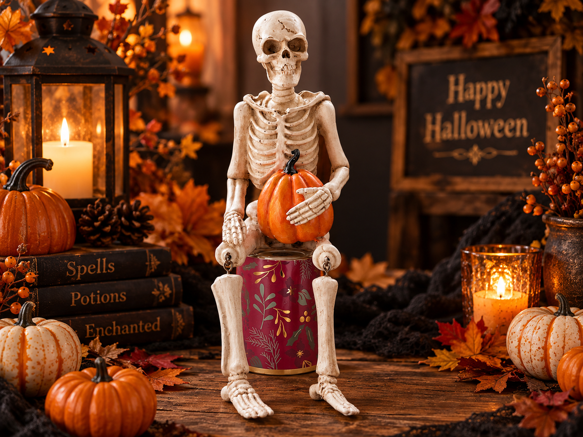 Halloween Sitting Skeleton Decoration – Pumpkin or RIP Tombstone