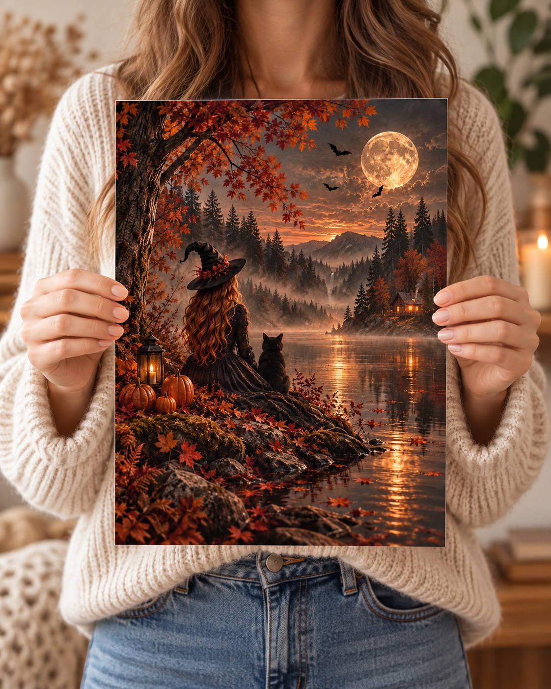 Autumn Witch & Black Cat A4 Art Print – Full Moon Lake Halloween Wall Decor
