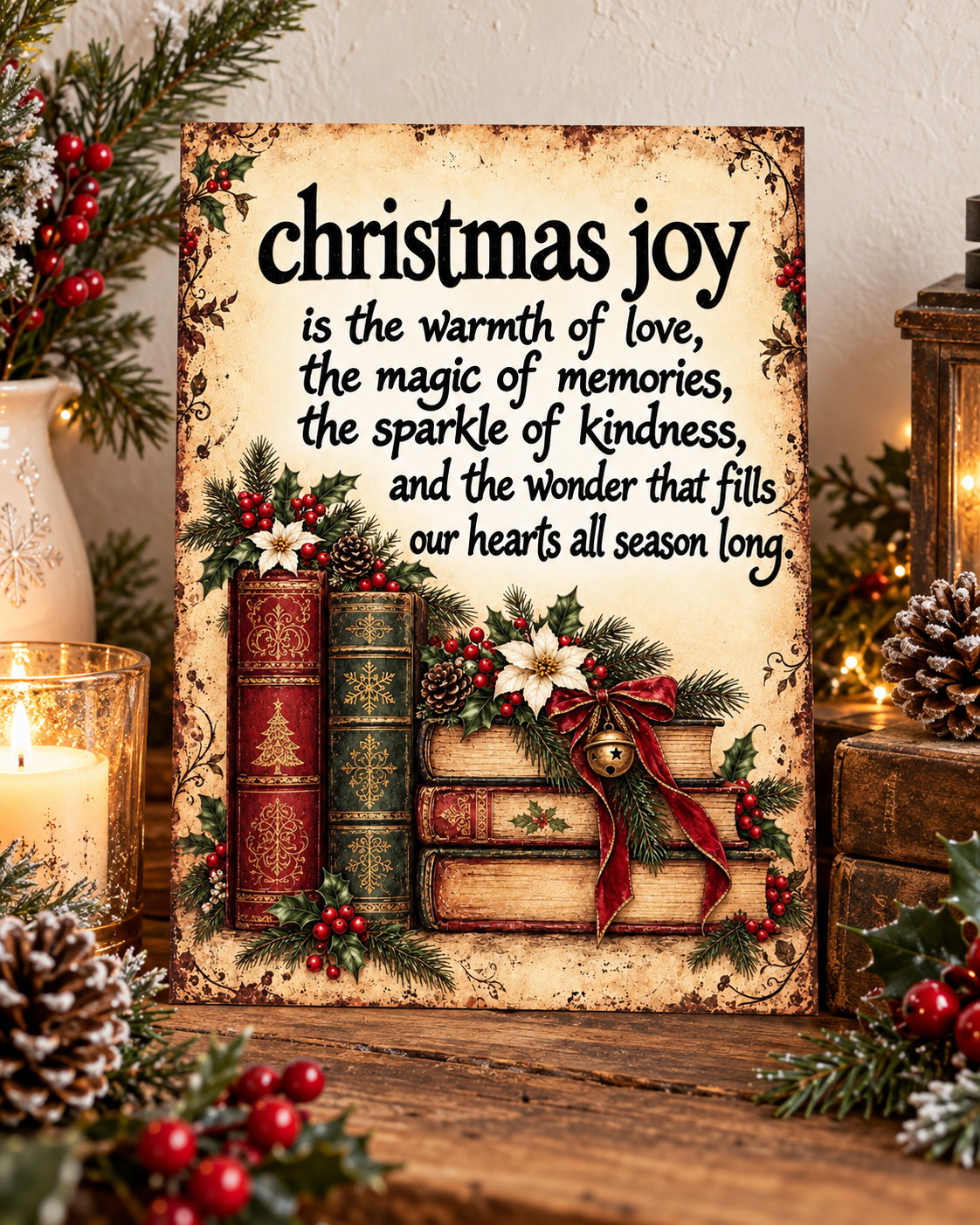 Christmas Joy Vintage Book & Holly A4 Art Print – Festive Christmas Quote Wall Decor