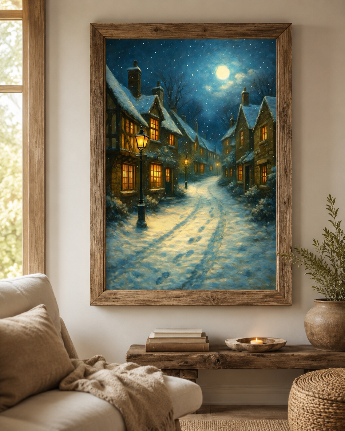Cosy Snowy Village Art Print, Winter Night Wall Art, Rustic Cottage Christmas Decor