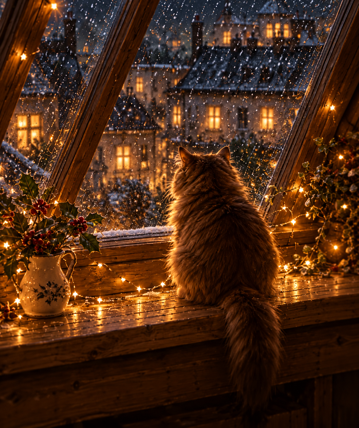 Cosy Winter Cat A4 Art Print – Snowy Window Christmas Wall Decor