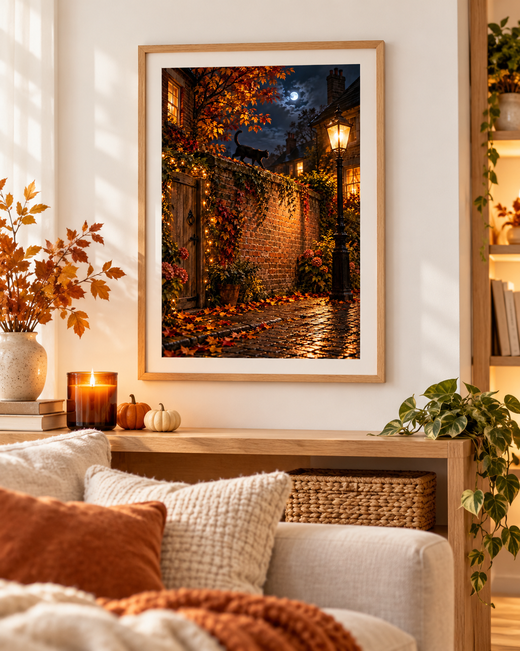 Autumn Witch & Black Cat A4 Art Print – Full Moon Lake Halloween Wall Decor