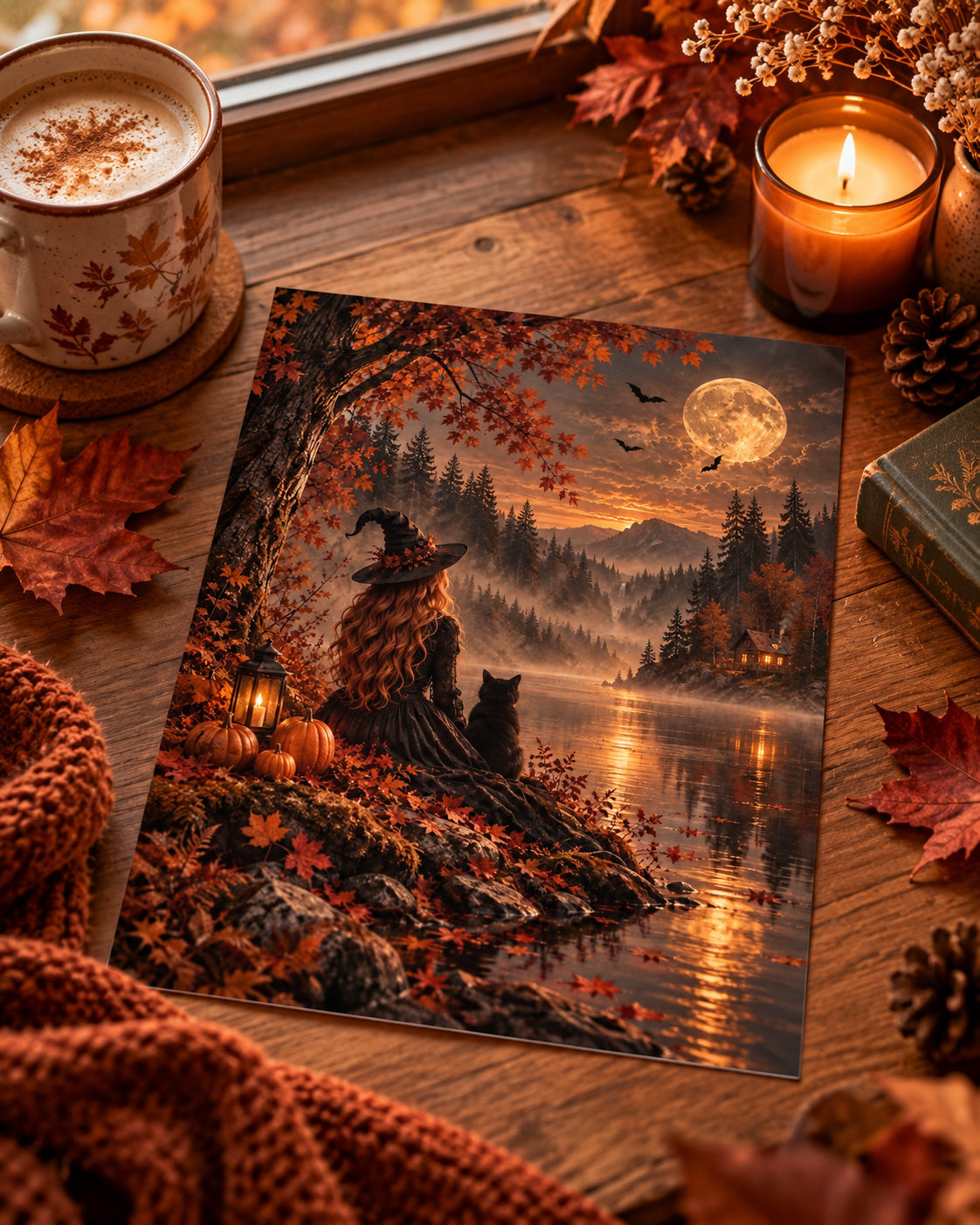 Autumn Witch & Black Cat A4 Art Print – Full Moon Lake Halloween Wall Decor