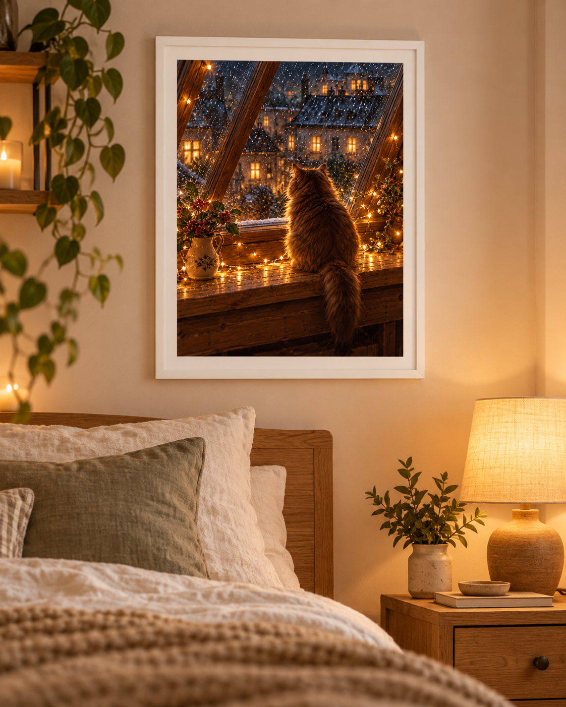 Cosy Winter Cat A4 Art Print – Snowy Window Christmas Wall Decor