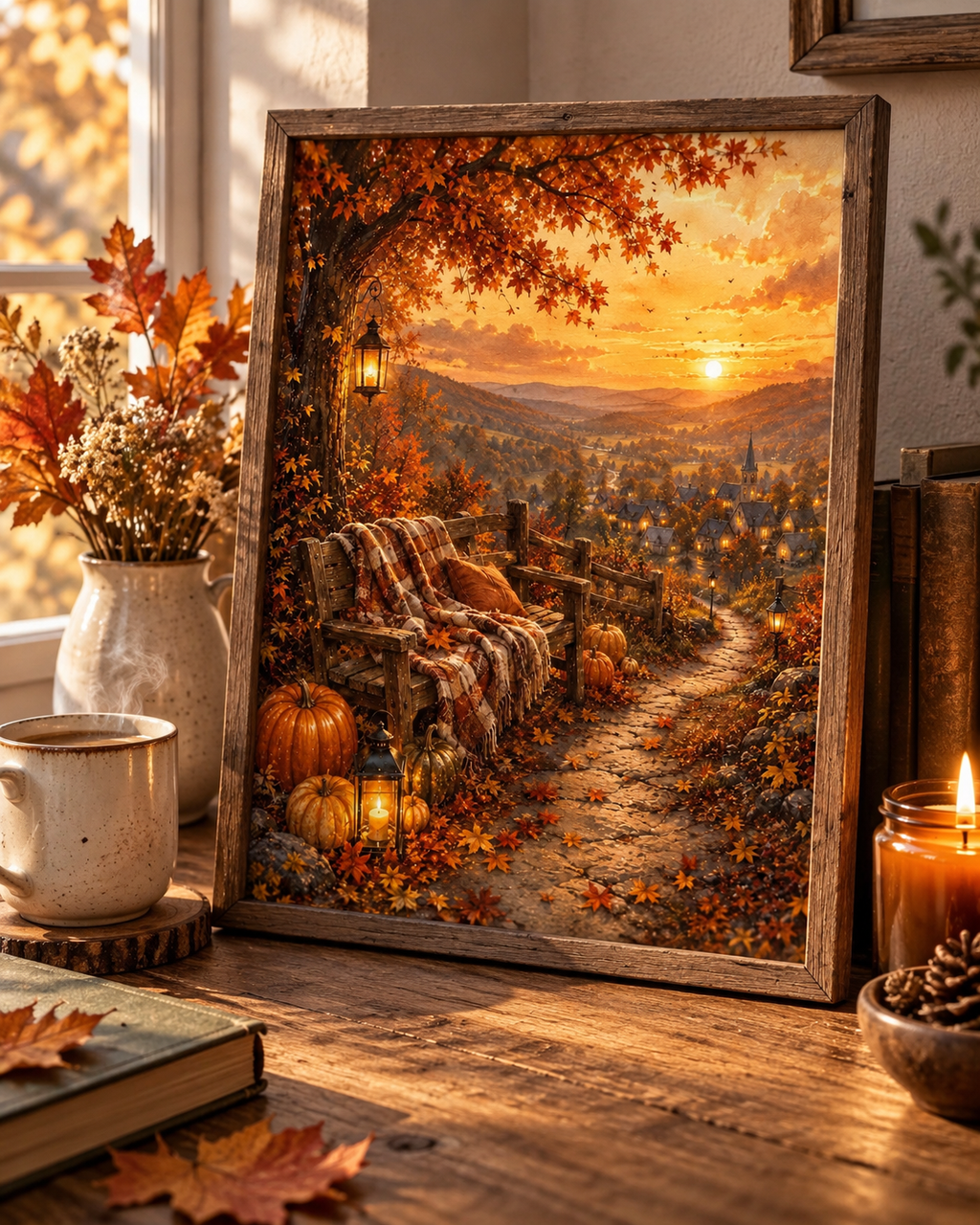 Autumn Village Sunset Art Print – Cosy Pumpkin & Lantern Wall Art