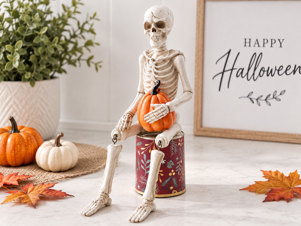 Halloween Sitting Skeleton Decoration – Pumpkin or RIP Tombstone