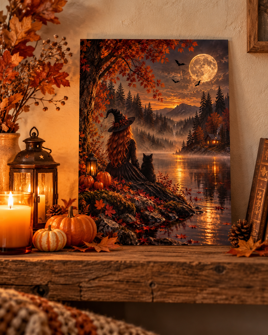 Autumn Witch & Black Cat A4 Art Print – Full Moon Lake Halloween Wall Decor