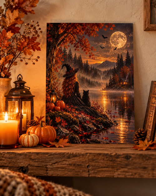 Autumn Witch & Black Cat A4 Art Print – Full Moon Lake Halloween Wall Decor