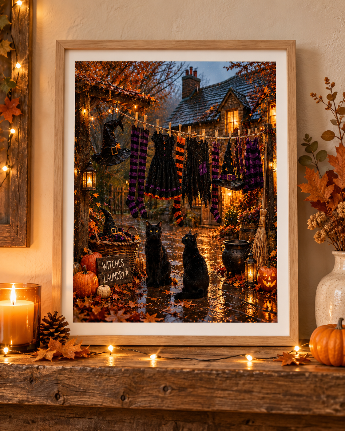 Witches Laundry Halloween A4 Print – Black Cats, Pumpkins & Witchy Autumn Wall Art