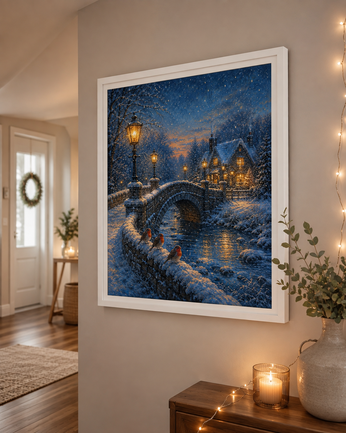 Snowy Winter Bridge & Robins Art Print – Cosy Winter Village Wall Ar