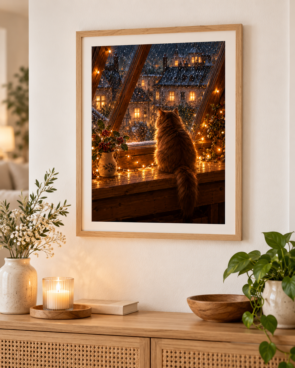 Cosy Winter Cat A4 Art Print – Snowy Window Christmas Wall Decor