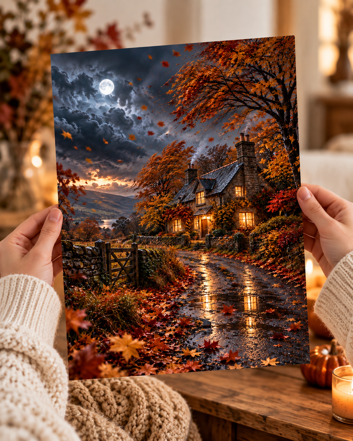 Autumn Cottage A4 Art Print – Moonlit Country Lane & Falling Leaves Wall Decor