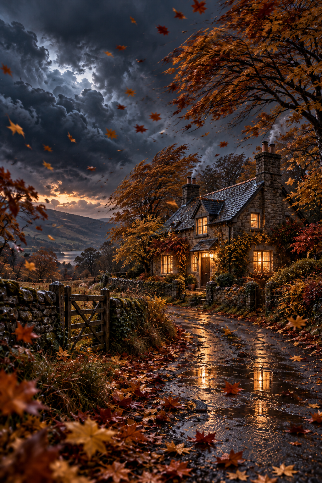 Autumn Cottage A4 Art Print – Moonlit Country Lane & Falling Leaves Wall Decor