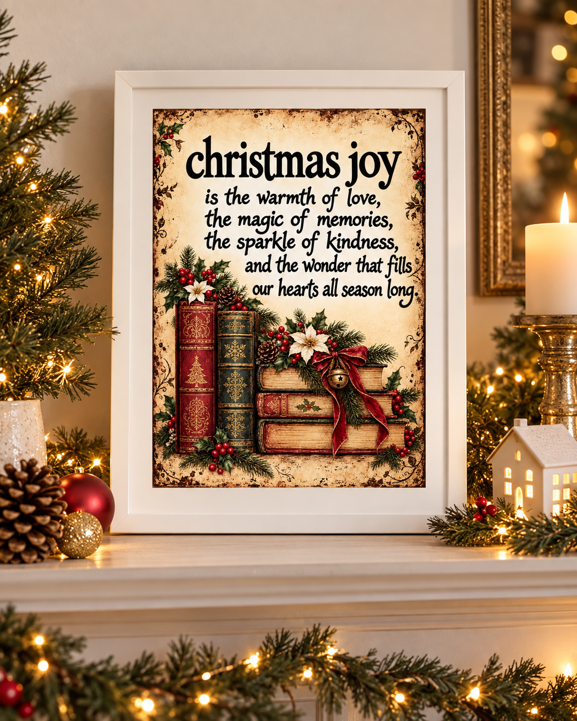 Christmas Joy Vintage Book & Holly A4 Art Print – Festive Christmas Quote Wall Decor