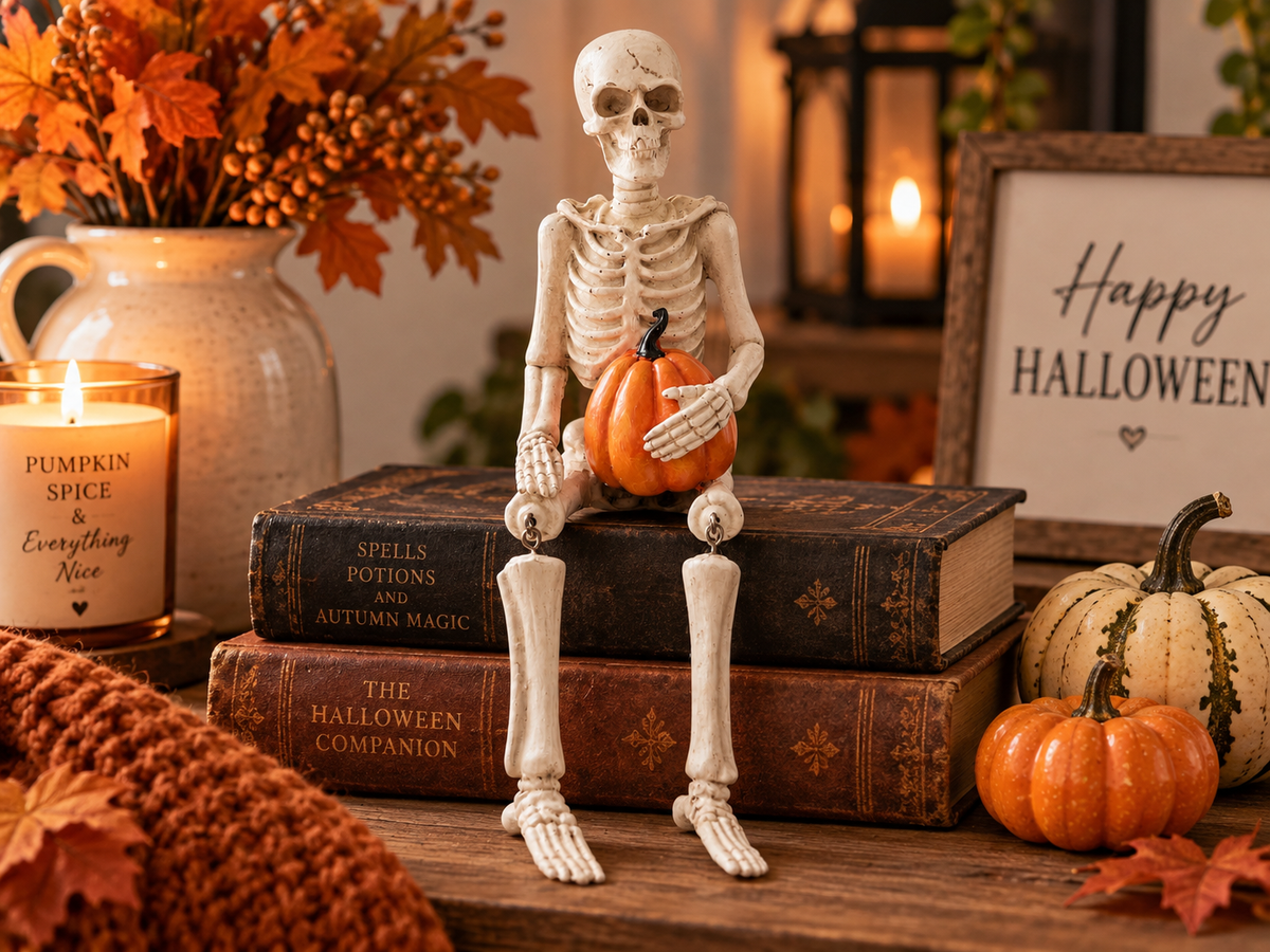 Halloween Sitting Skeleton Decoration – Pumpkin or RIP Tombstone