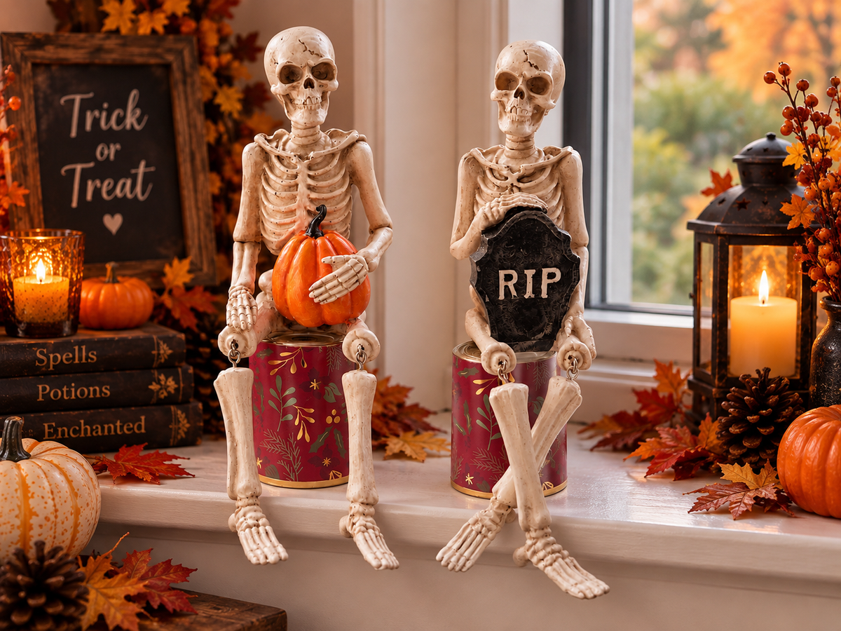 Halloween Sitting Skeleton Decoration – Pumpkin or RIP Tombstone