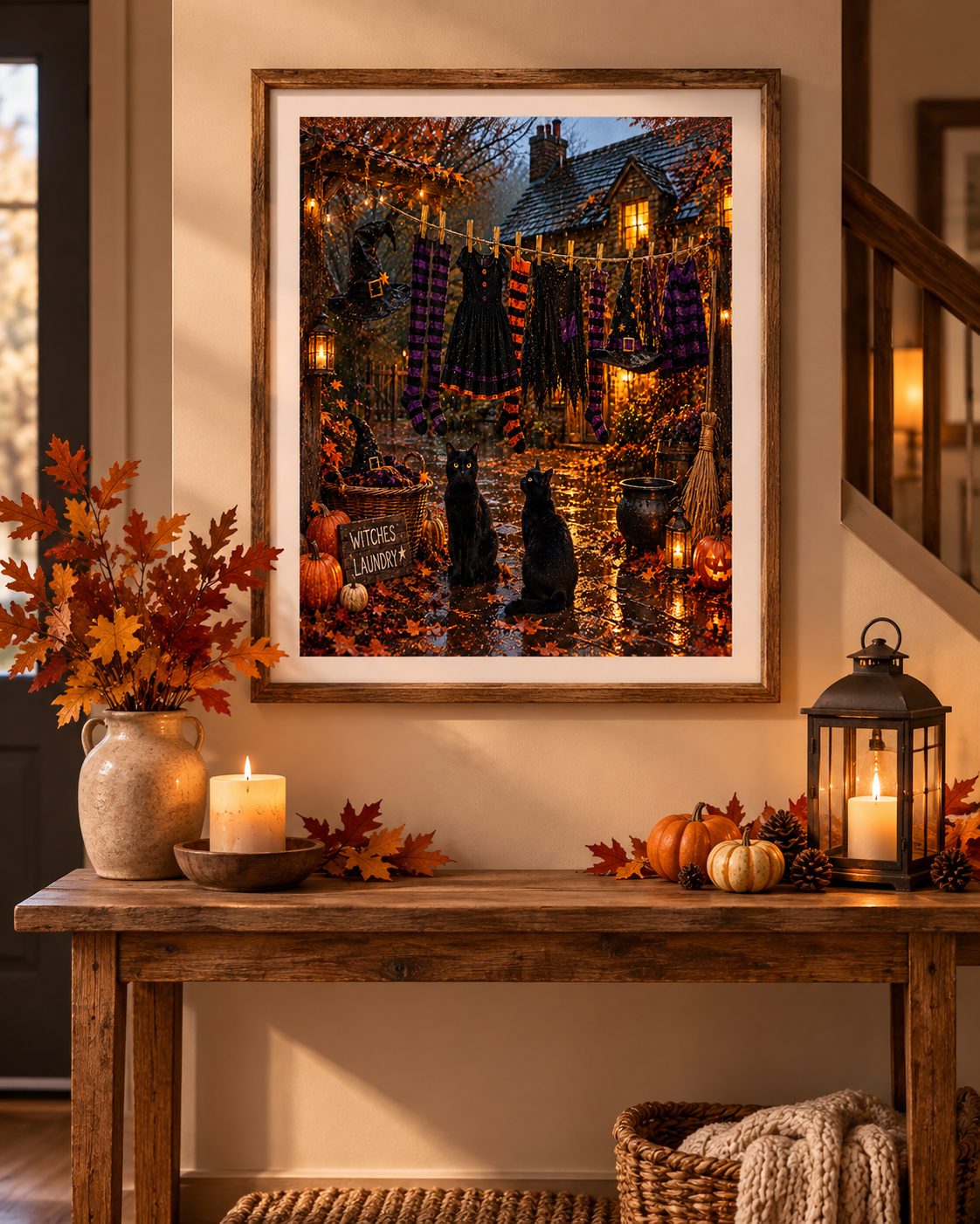 Witches Laundry Halloween A4 Print – Black Cats, Pumpkins & Witchy Autumn Wall Art