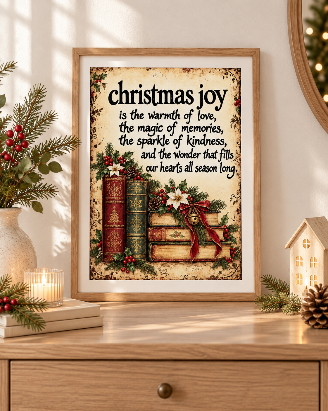 Christmas Joy Vintage Book & Holly A4 Art Print – Festive Christmas Quote Wall Decor