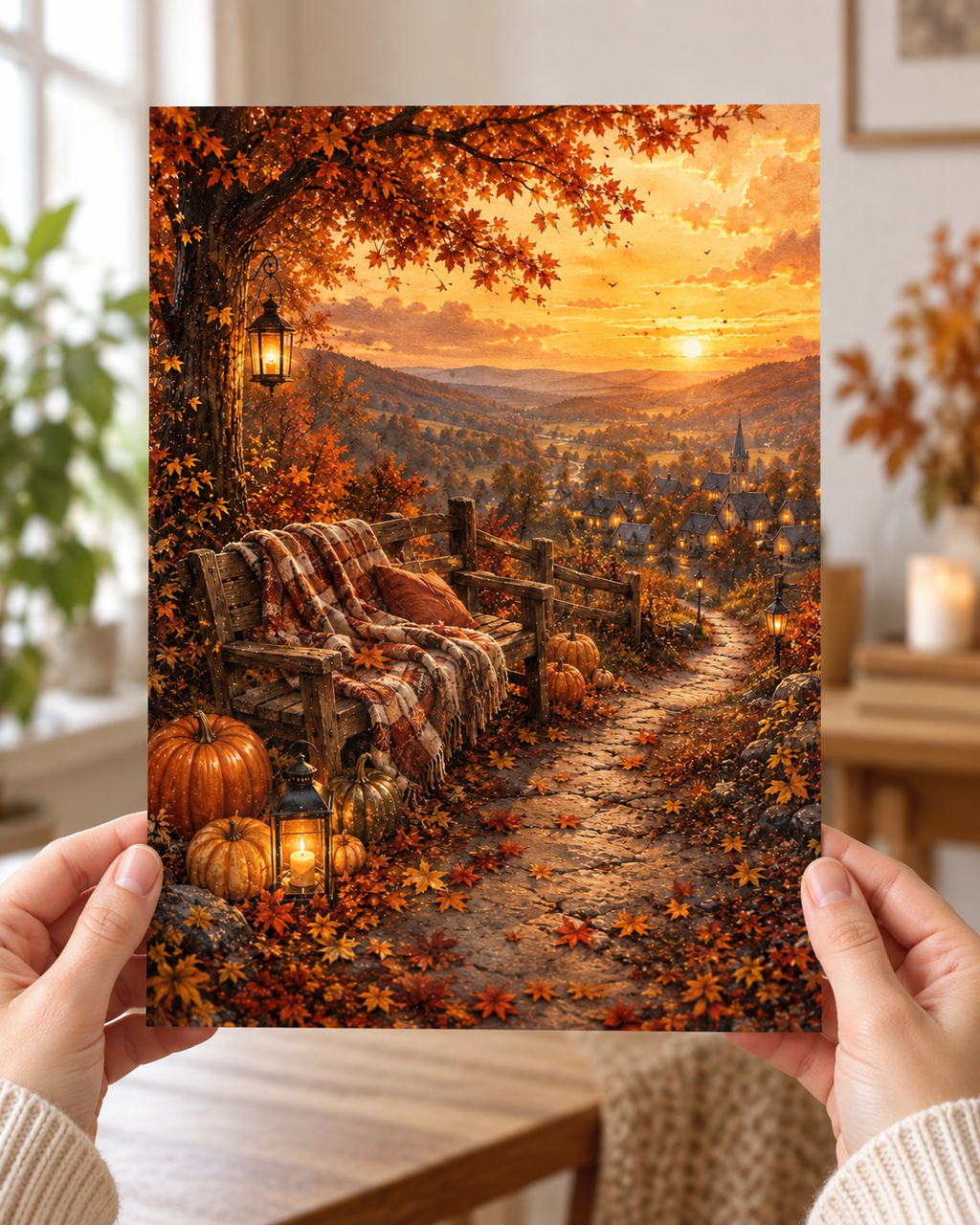 Autumn Village Sunset Art Print – Cosy Pumpkin & Lantern Wall Art