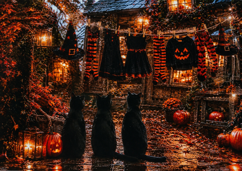 Witches Laundry Halloween A4 Print – Black Cats, Pumpkins & Witchy Autumn Wall Art