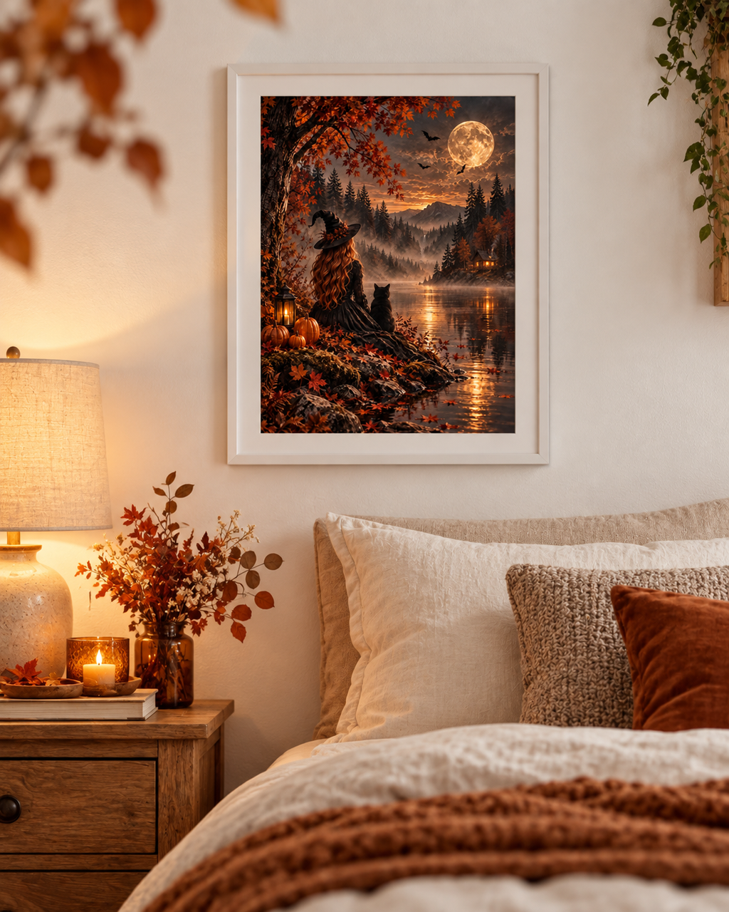Autumn Witch & Black Cat A4 Art Print – Full Moon Lake Halloween Wall Decor