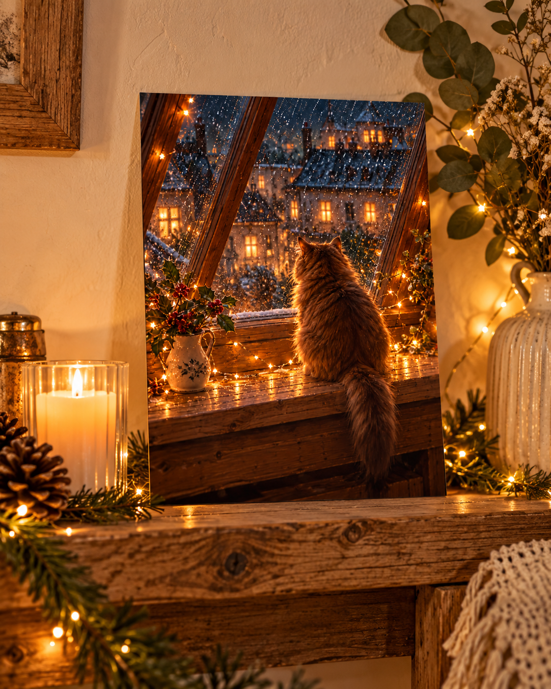 Cosy Winter Cat A4 Art Print – Snowy Window Christmas Wall Decor