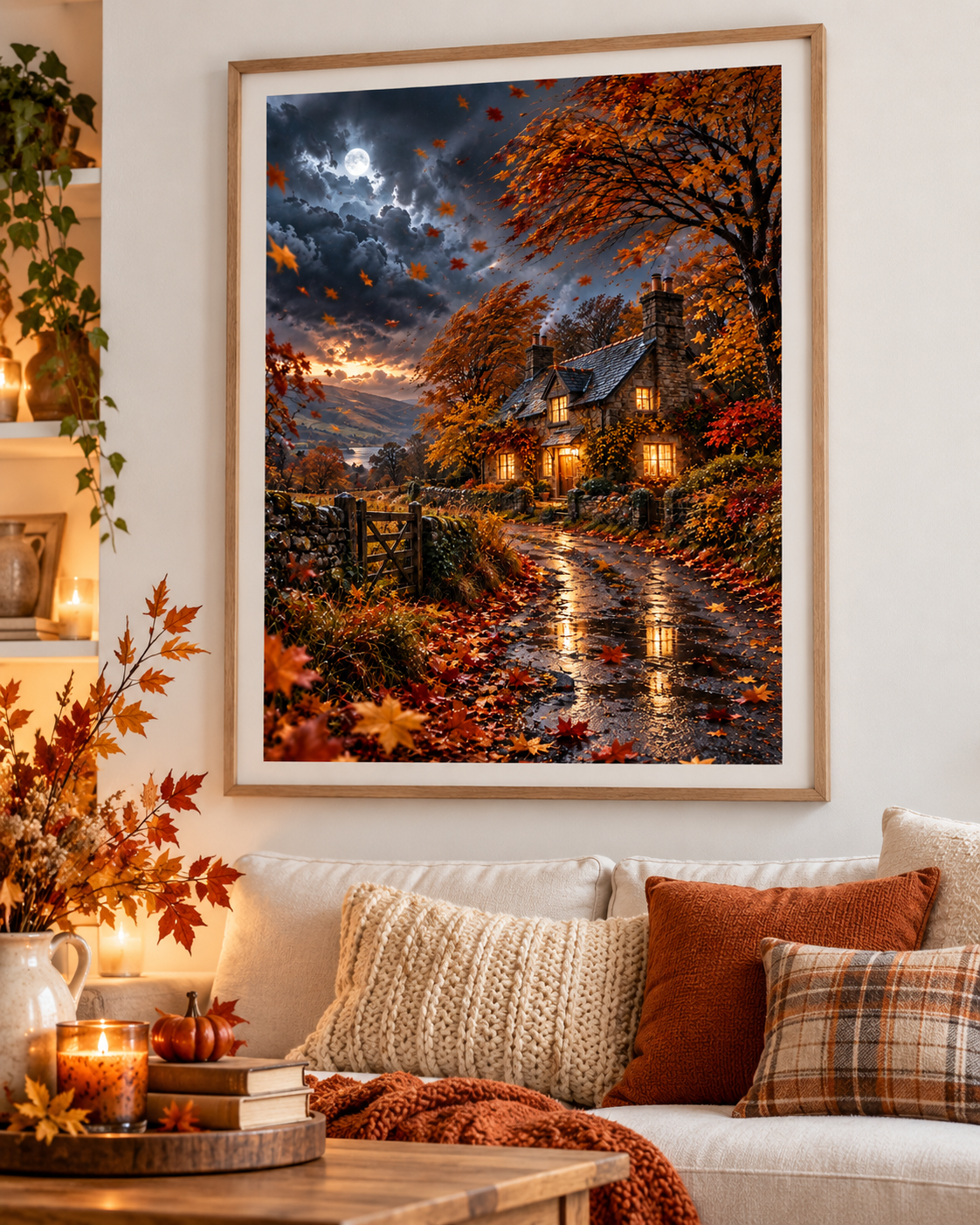 Autumn Cottage A4 Art Print – Moonlit Country Lane & Falling Leaves Wall Decor