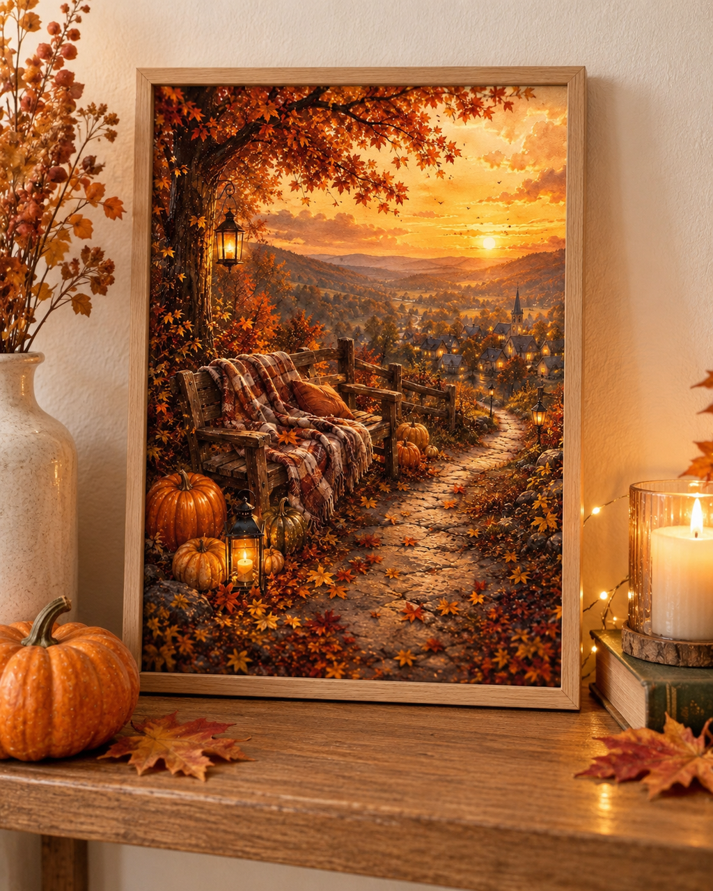 Autumn Village Sunset Art Print – Cosy Pumpkin & Lantern Wall Art