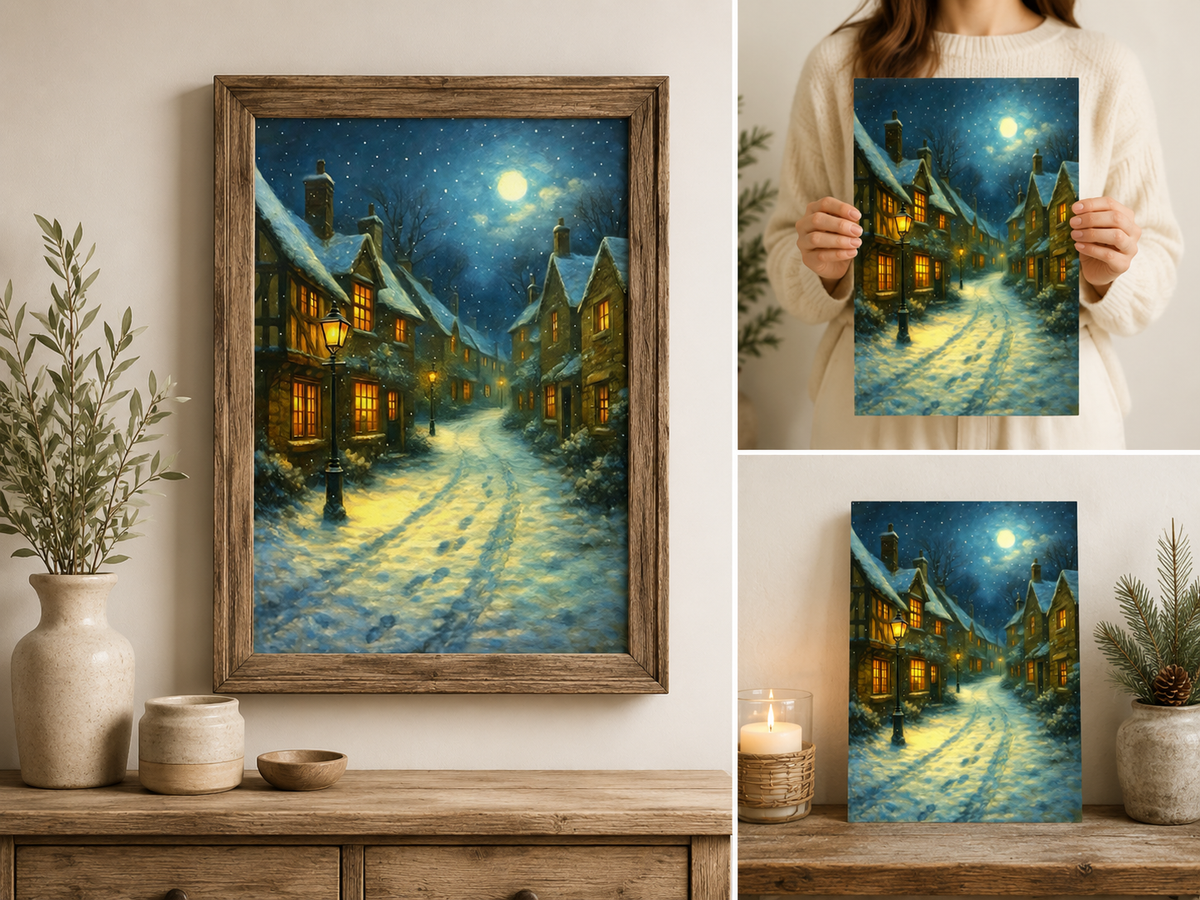 Cosy Snowy Village Art Print, Winter Night Wall Art, Rustic Cottage Christmas Decor
